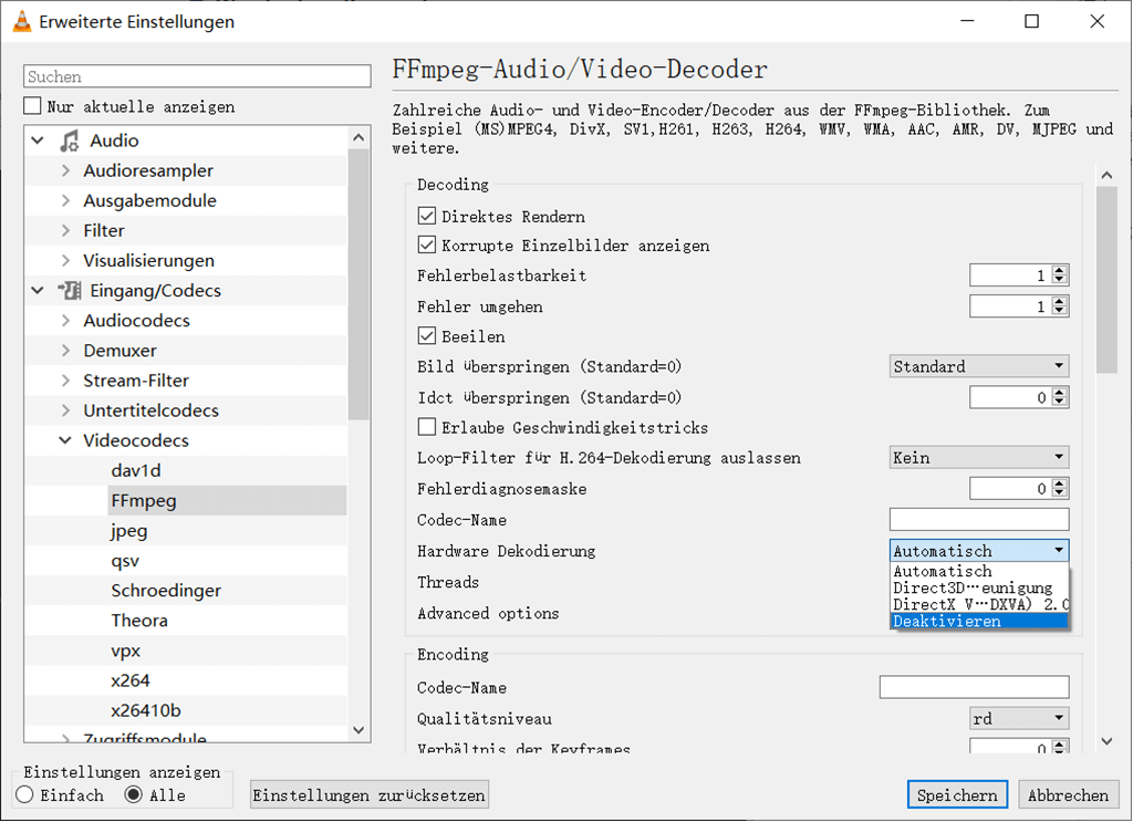  Hardware Dekodierung deaktivieren VLC