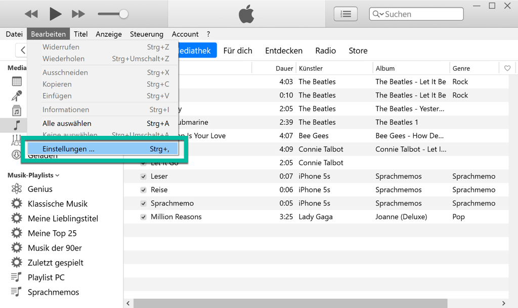 iTunes Bearbeiten Einstellungen