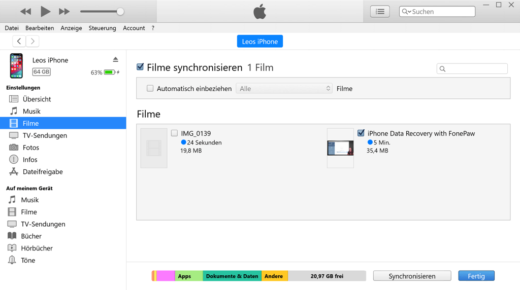 iTunes Filme mit iPhone synchronisieren