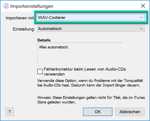 Importieren mit WAV Codierer