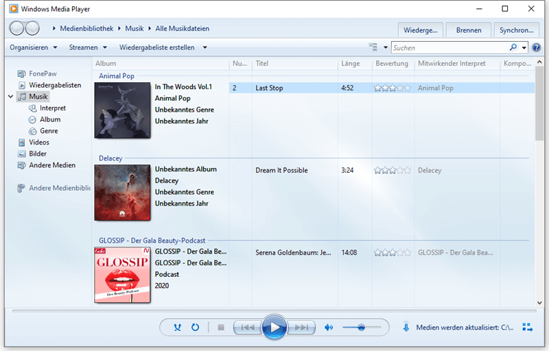 Medien werden aktualisiert Windows Media Player