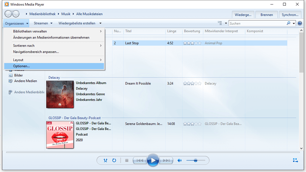 Optionen Windows Media Player