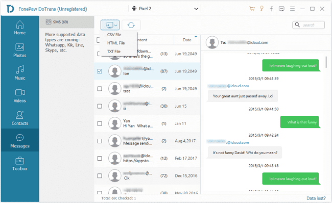 Esporta messaggio da Android in HTML o CSV