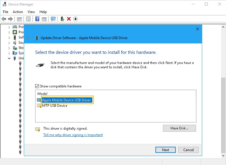 Install Apple Mobile Device USB Driver