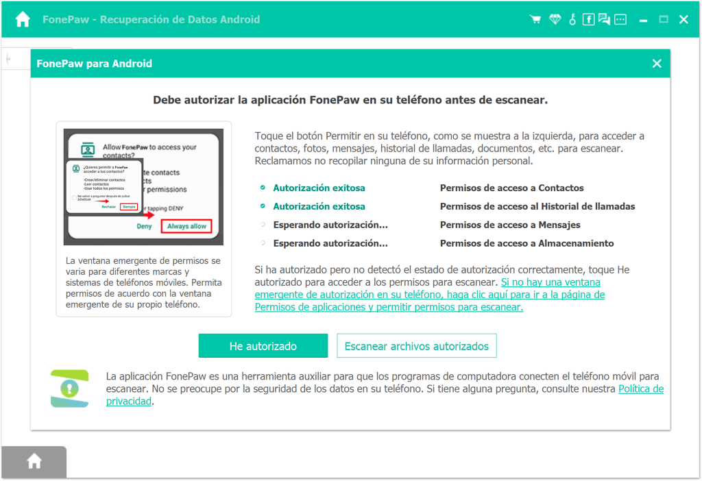 Autorizar FonePaw app en el móvil Android