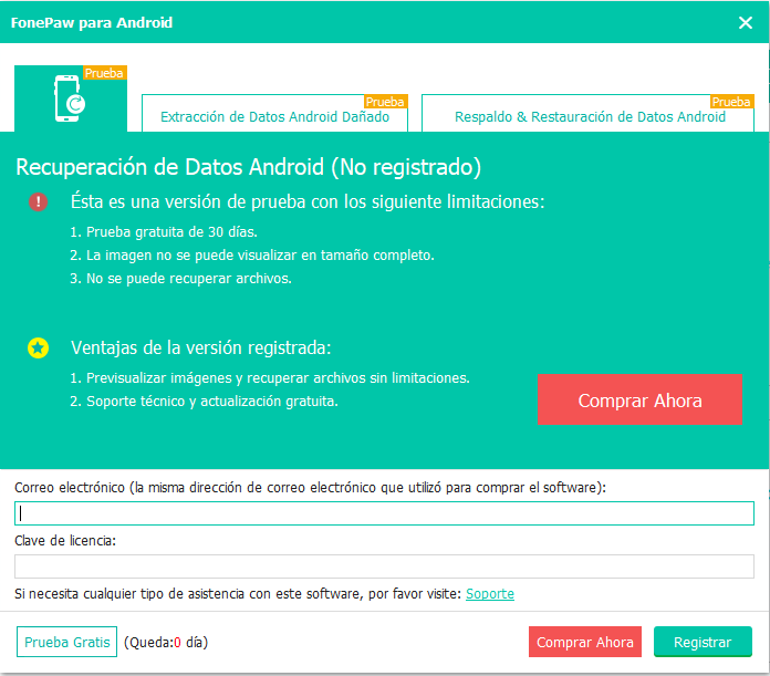 completar registro en FonePaw Recuperación de Datos Android