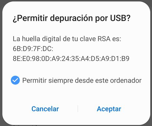 Permitir el modo Depuración USB