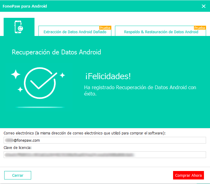 registro completado en FonePaw Recuperación de Datos Android