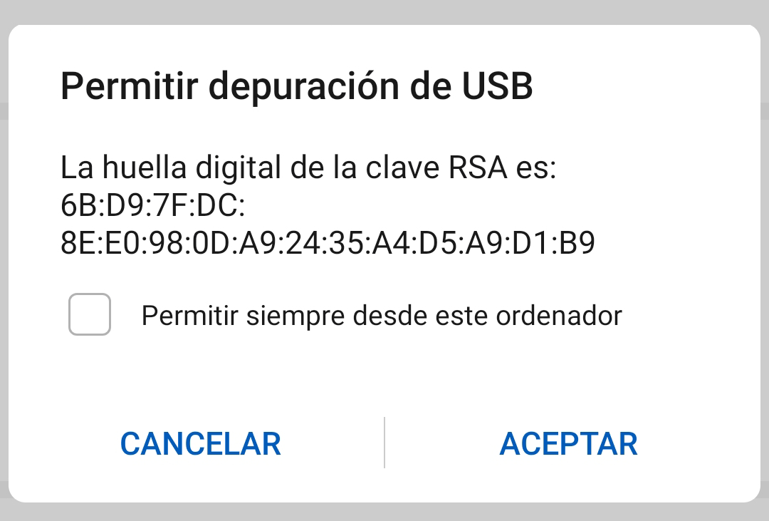 Permitir la depuración de USB