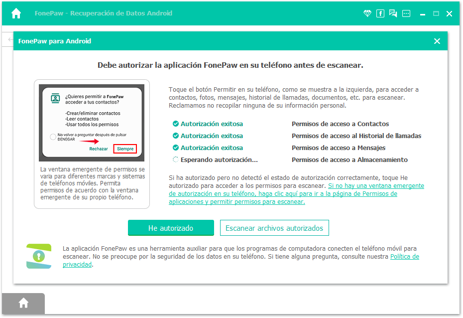 Permitir a FonePaw acceder a datos del dispositivo