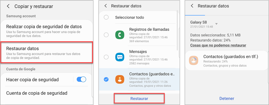 Restaurar los contacots borrados desde samsung account