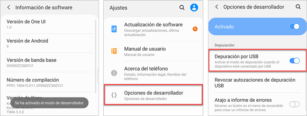 Activar la depuración USB