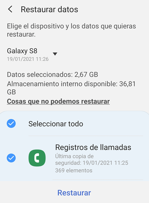 Restaurar datos de la copia de seguridad en Samsung