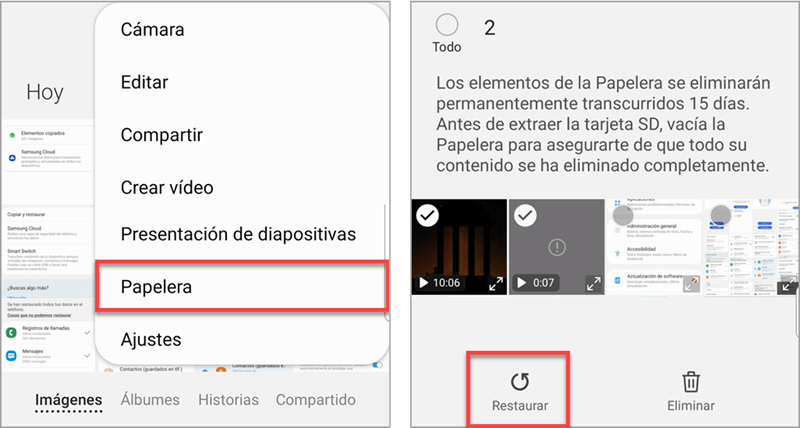 Restaurar los videos borrados desde la papelera del dispositvio Android