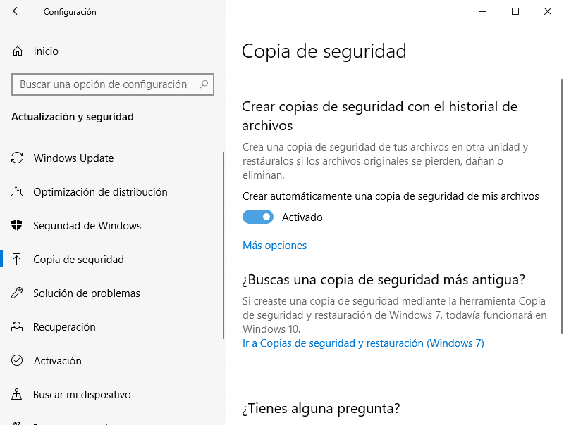 activar copia de seguridad en Windows