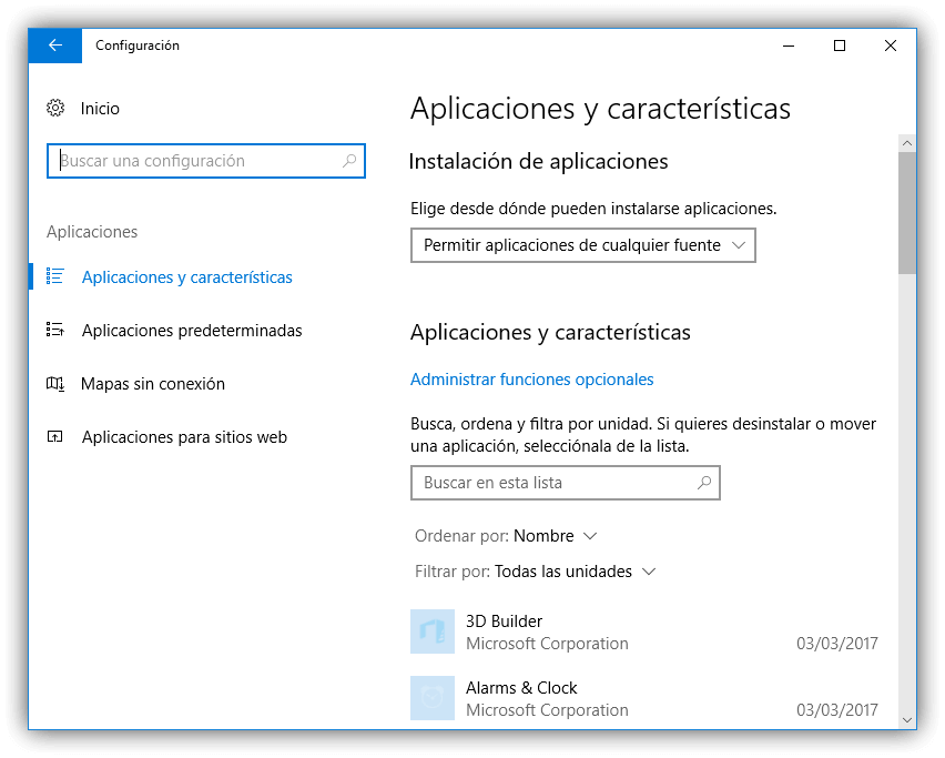 configurar Aplicaciones y caraterísticas de Word