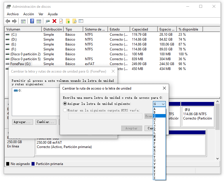 Cambiar la letra y ruta de acceso