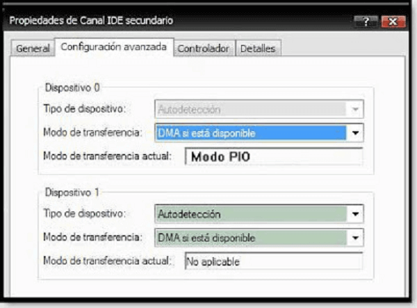 cambiar el modo transferencia en propiedades de canal de IDE