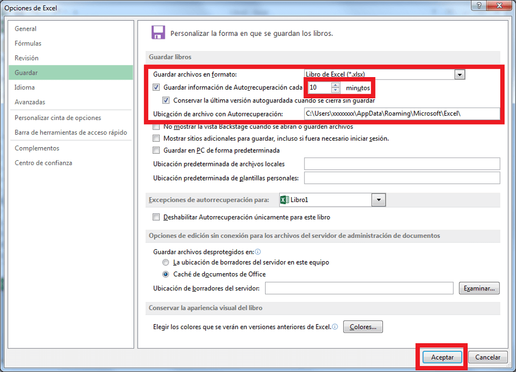 Guardar información de Autorrecuperación de Excel