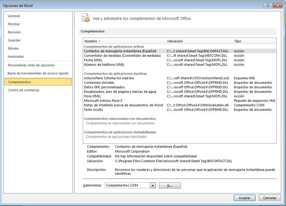 deshabilitar complementos de Microsoft Word