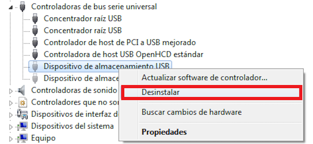 desinstalar el dispositivo problemático