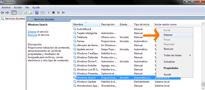 Detener servicios en Windows