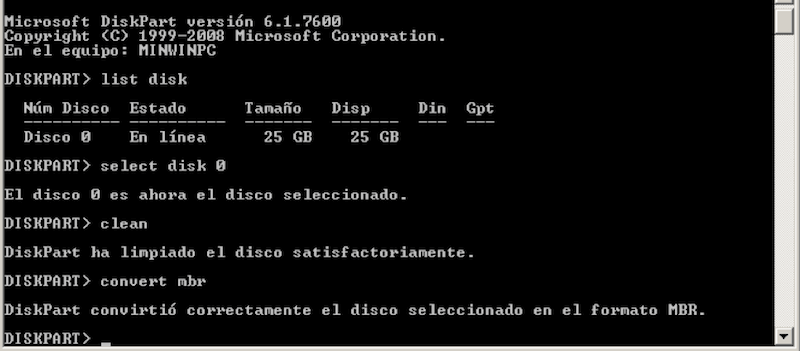 Diskpart convirtió correctamente el disco seleccionado en el formato MBR