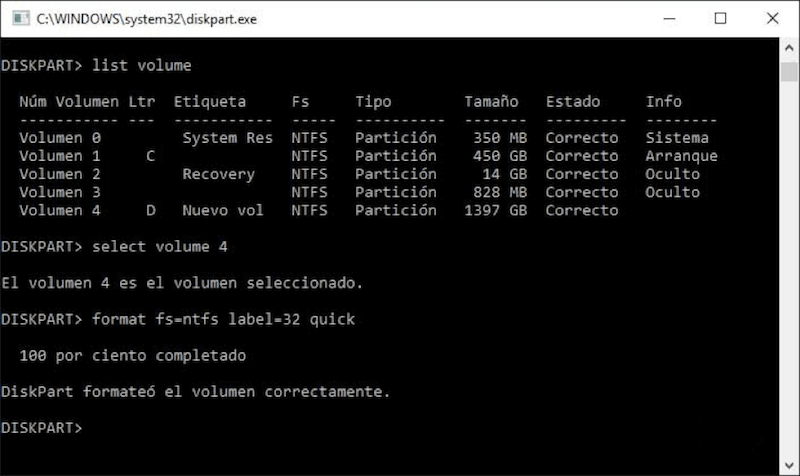Diskpart formateó el volume correctamente