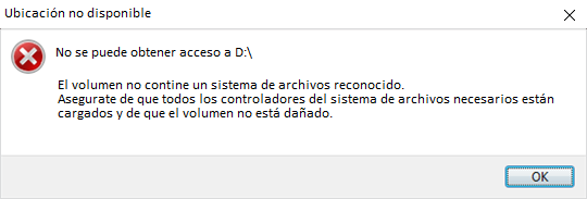 el volumen no contiene un sistema de archivos reconocidos