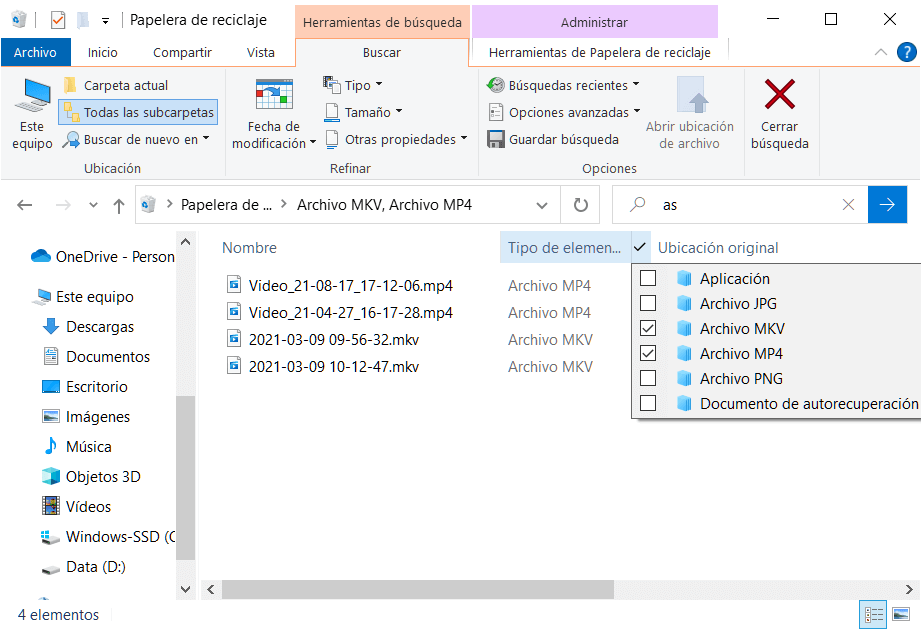 Filtrar tipos de elemento en papelera