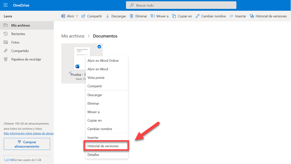 Historial de archivos en OneDrive