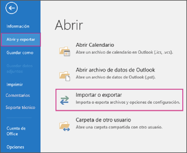 importar o exportar archivos Outlook