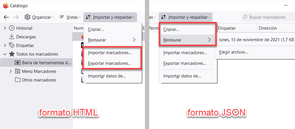 Respaldar y exportar marcadores de Firefox