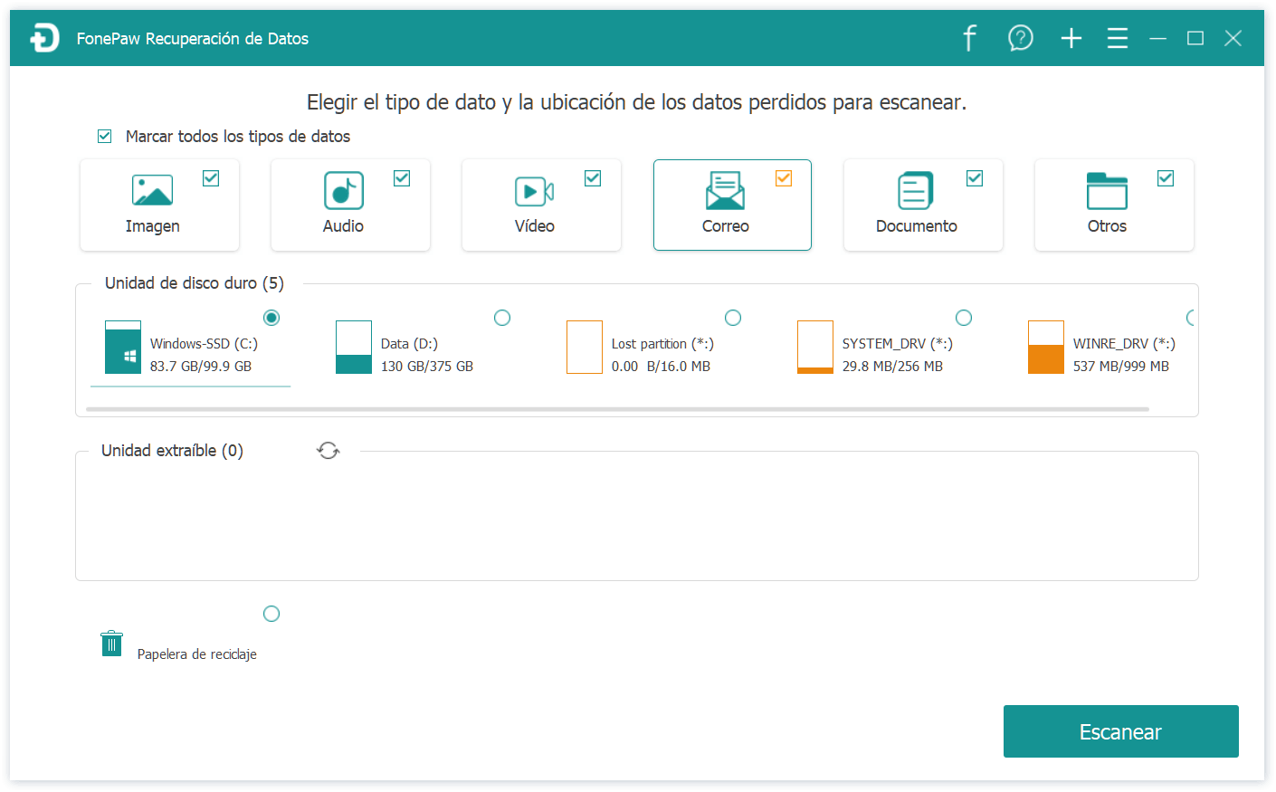 Interfaz de FonePaw Recuperación de Datos