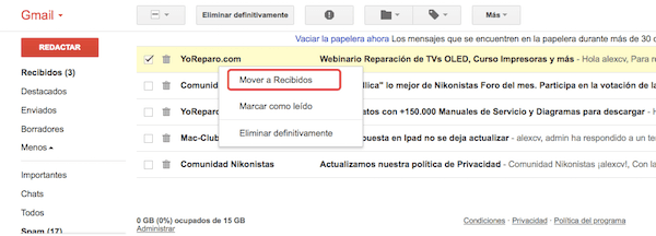 recuperar correo borrado de Gmail