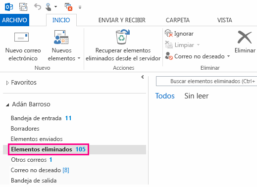 recuperar correos borrados desde Elementos eliminados Outlook