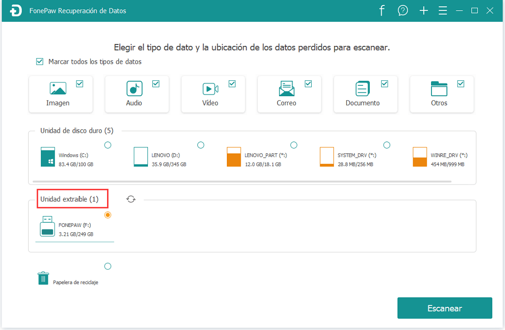 Seleccionar el tipo de archivos para escanear