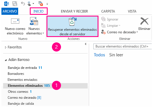 recuperar elementos eliminados desde el servidor Outlook