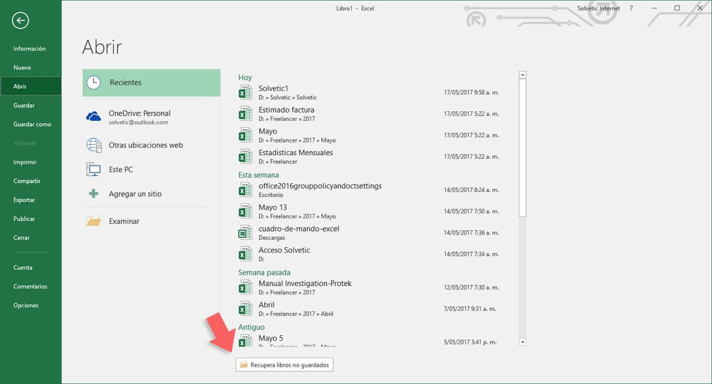 Recuperar libros no guardados en Excel