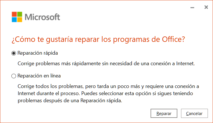 Reparar los programas de Office