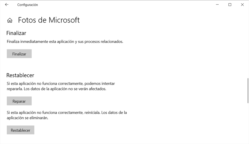 Restablecer o reparar Fotos de Microsoft