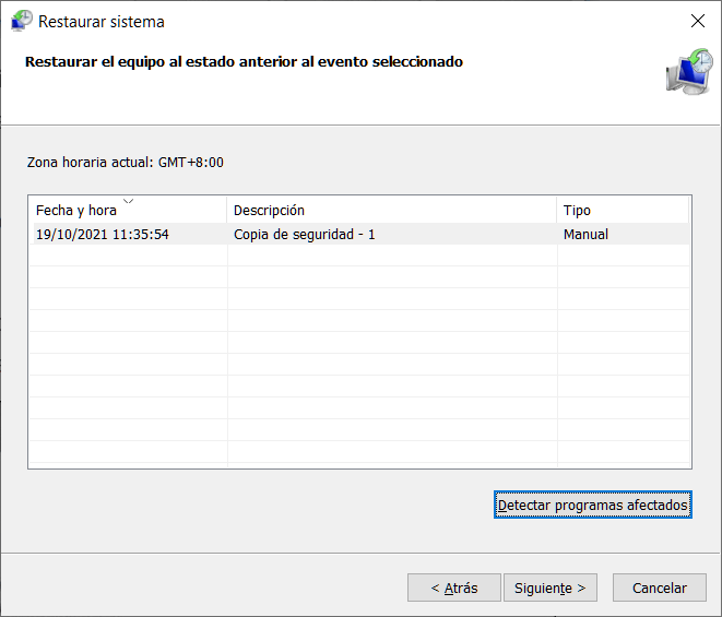 Seleccionar evento para restaurar