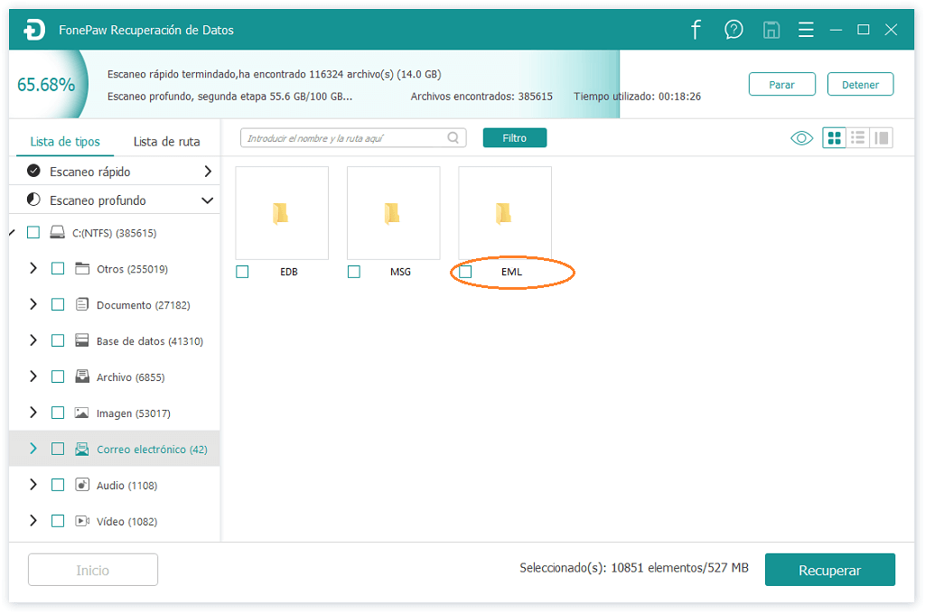 encontrar los correos electrónicos eliminados