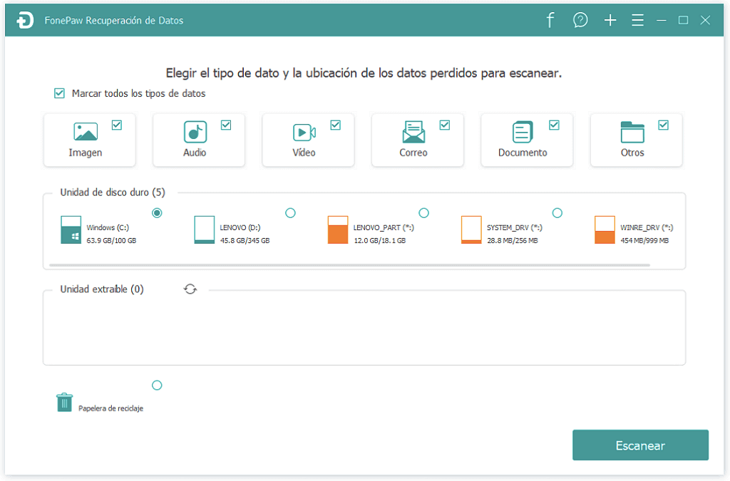 Interfaz de FonePaw Recuperación de Datos