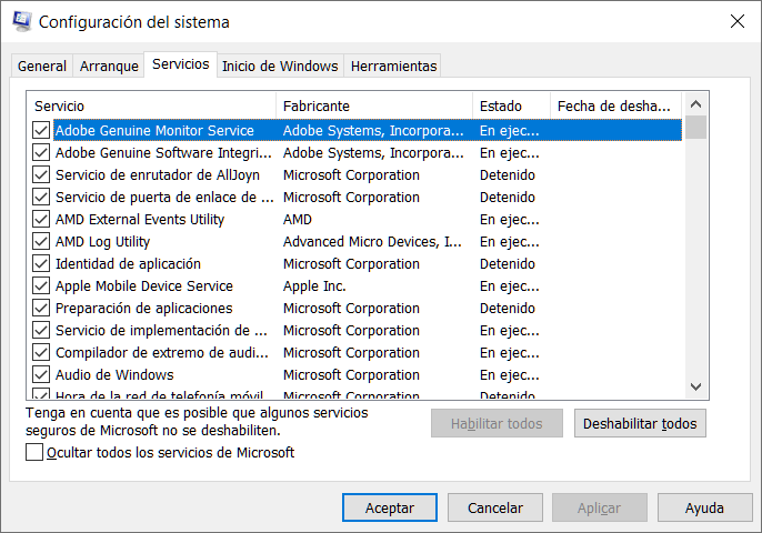 Deshabilitar todos en configuración del sistema