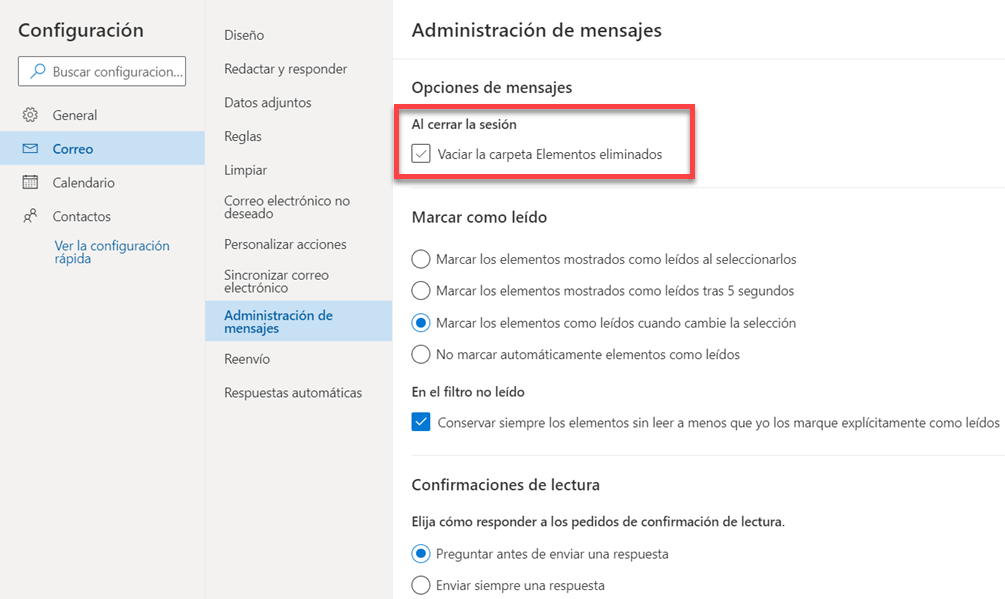 Vaciar elementos eliminados en Outlook