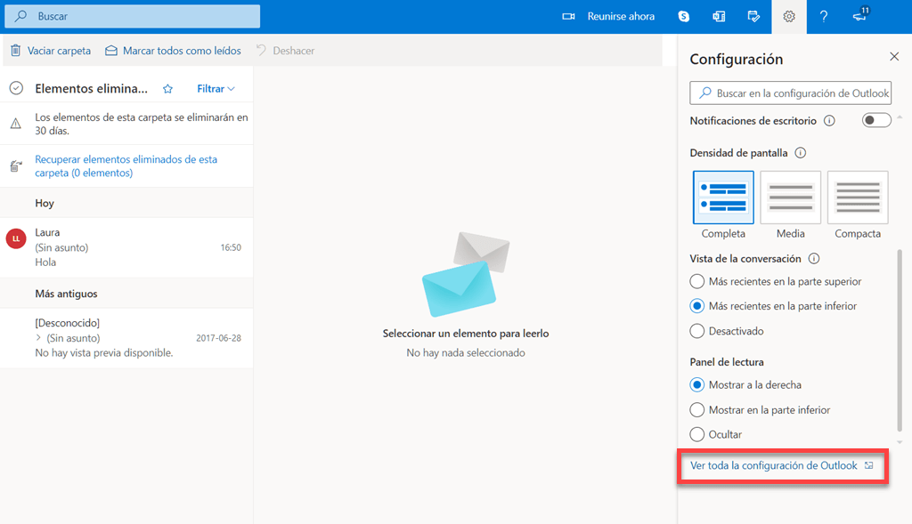 Ver toda configuración de Outlook