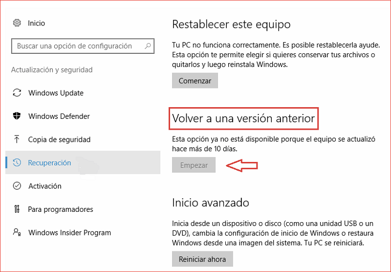 volver a una versión anterior Windows