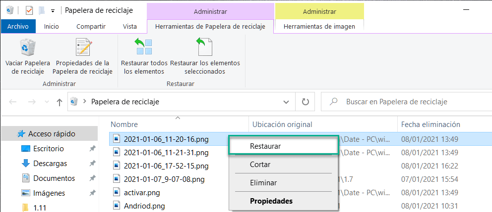 Restaurar los archivos borrados en papelera de reciclaje