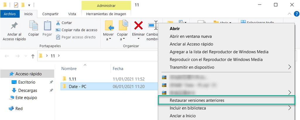 Restaurar las versiones anteriores de la carpeta